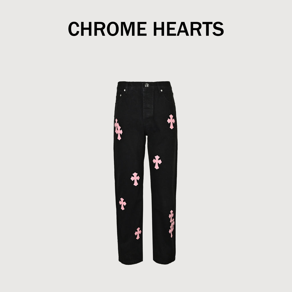 Chrome Hearts Couture Cross Patch Embroidered Washed Jeans – Black/Pink Unisex