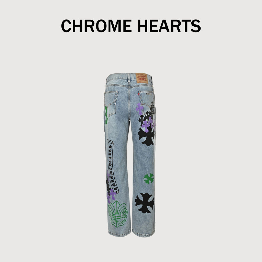 Chrome Hearts Cross Leather-Patch Washed Denim Jeans XM5600824