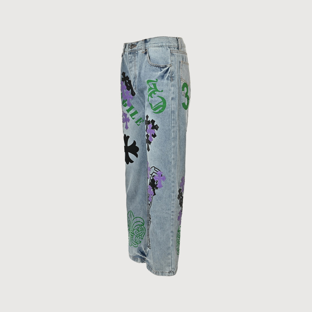 Chrome Hearts Cross Leather-Patch Washed Denim Jeans XM5600824