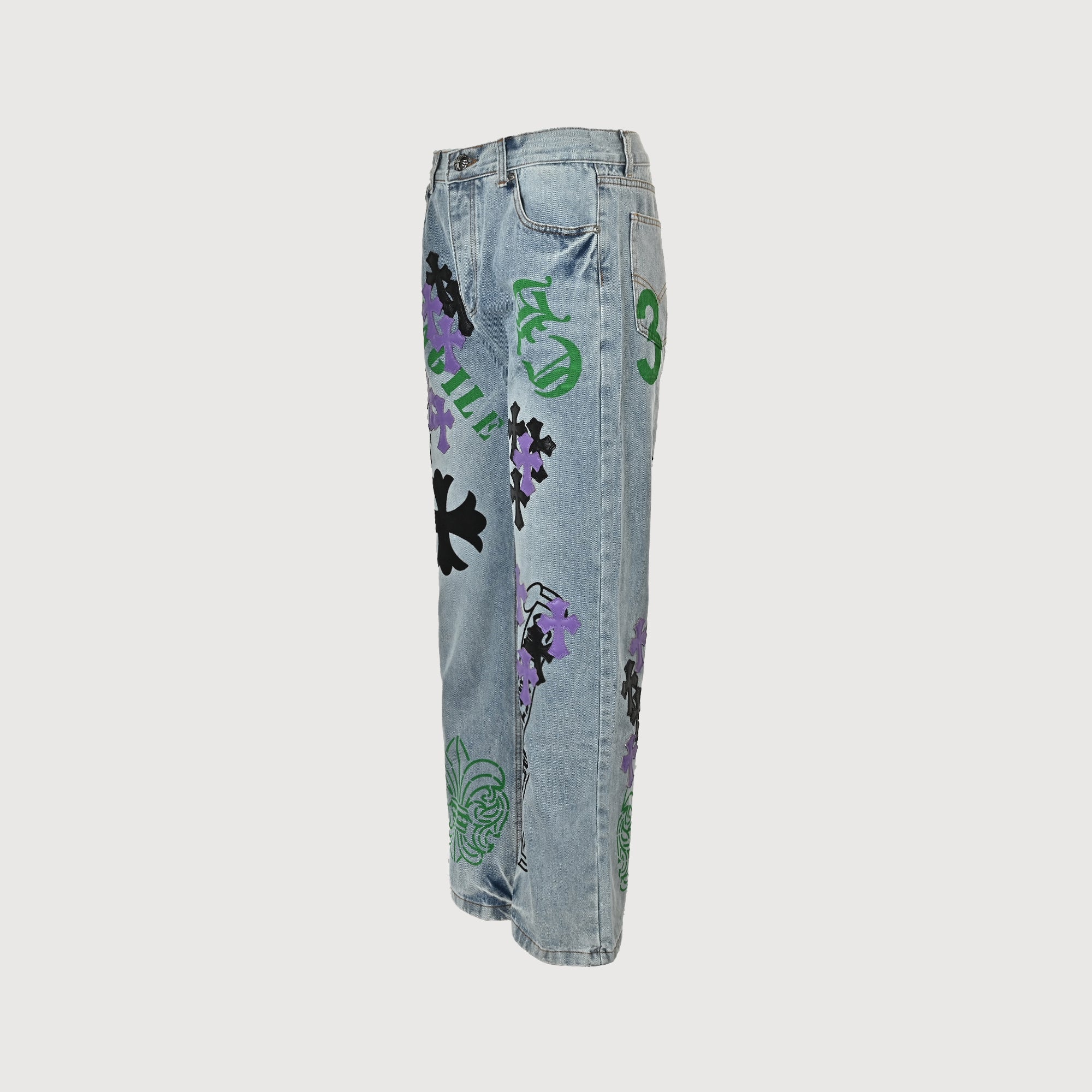 Chrome Hearts Cross Leather-Patch Washed Denim Jeans XM5600824