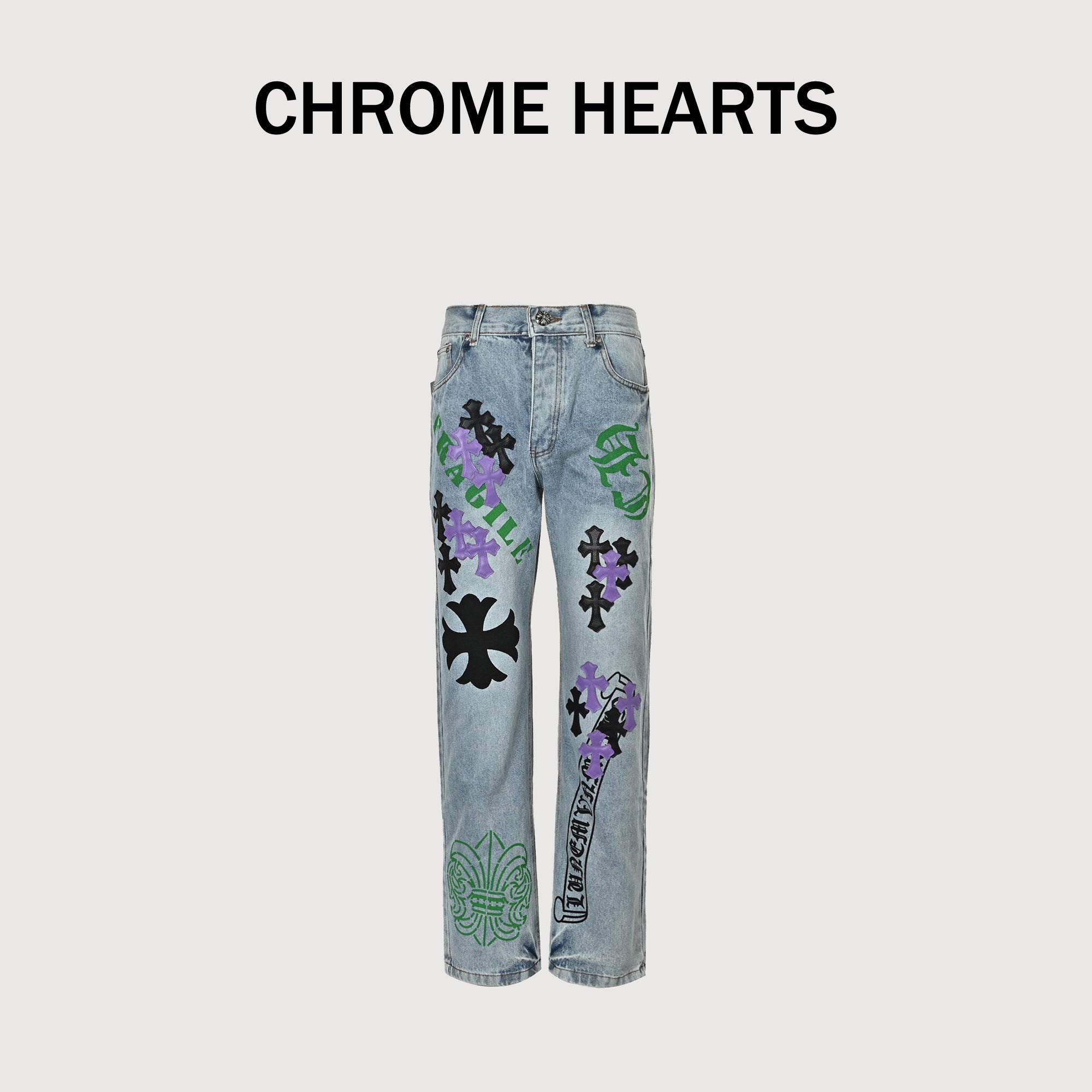 Chrome Hearts Cross Leather-Patch Washed Denim Jeans XM5600824