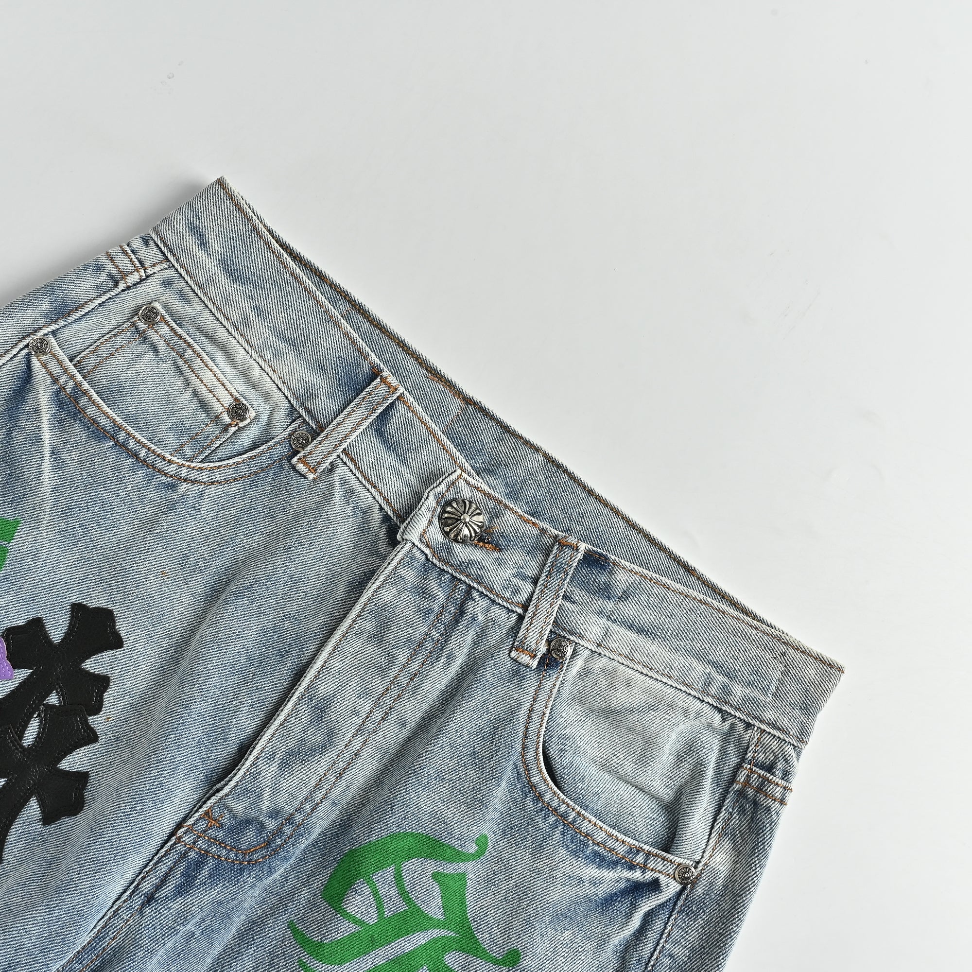 Chrome Hearts Cross Leather-Patch Washed Denim Jeans XM5600824