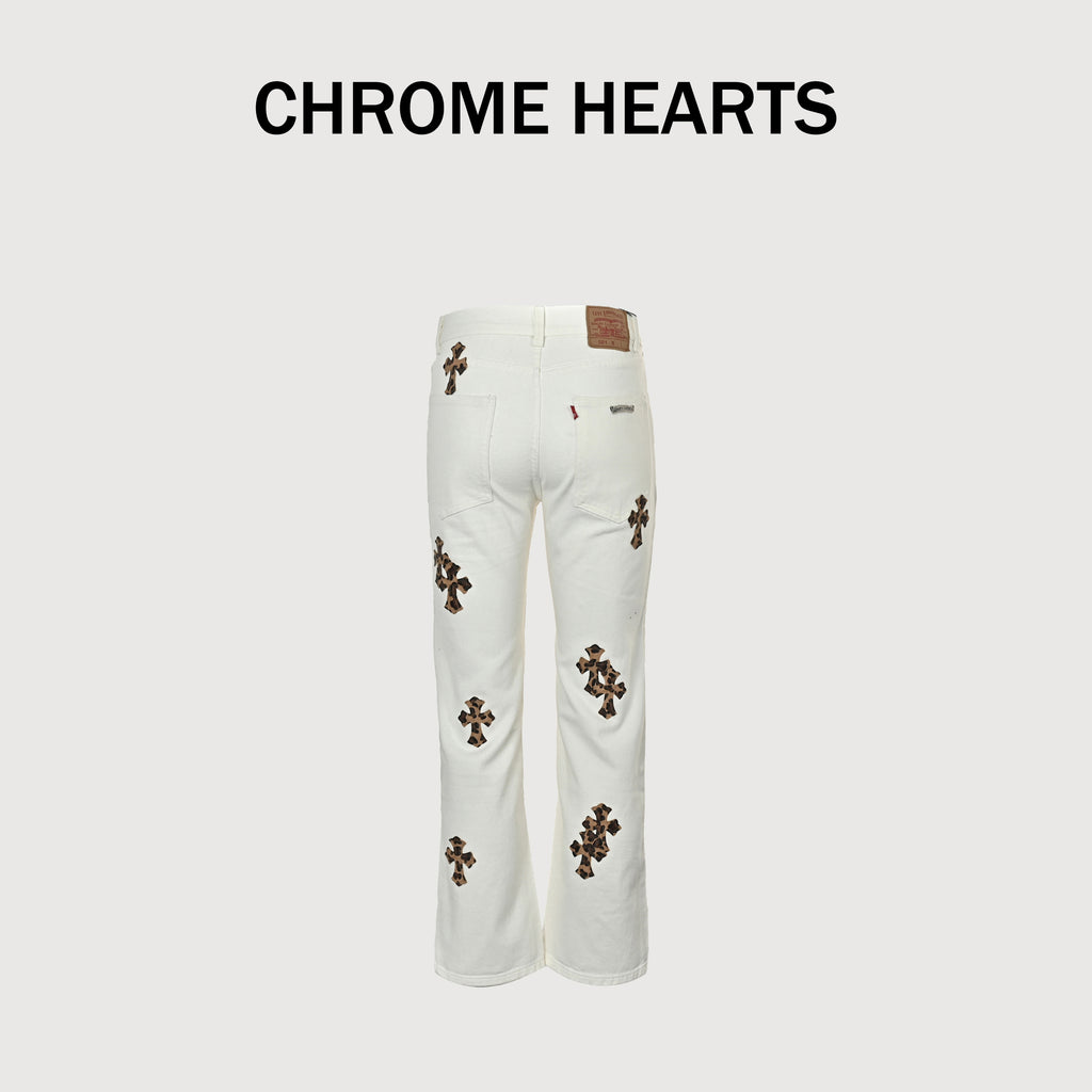 Chrome Hearts Couture Cross Leather Appliqué Washed Denim Jeans –olean Unisex  XM5600824