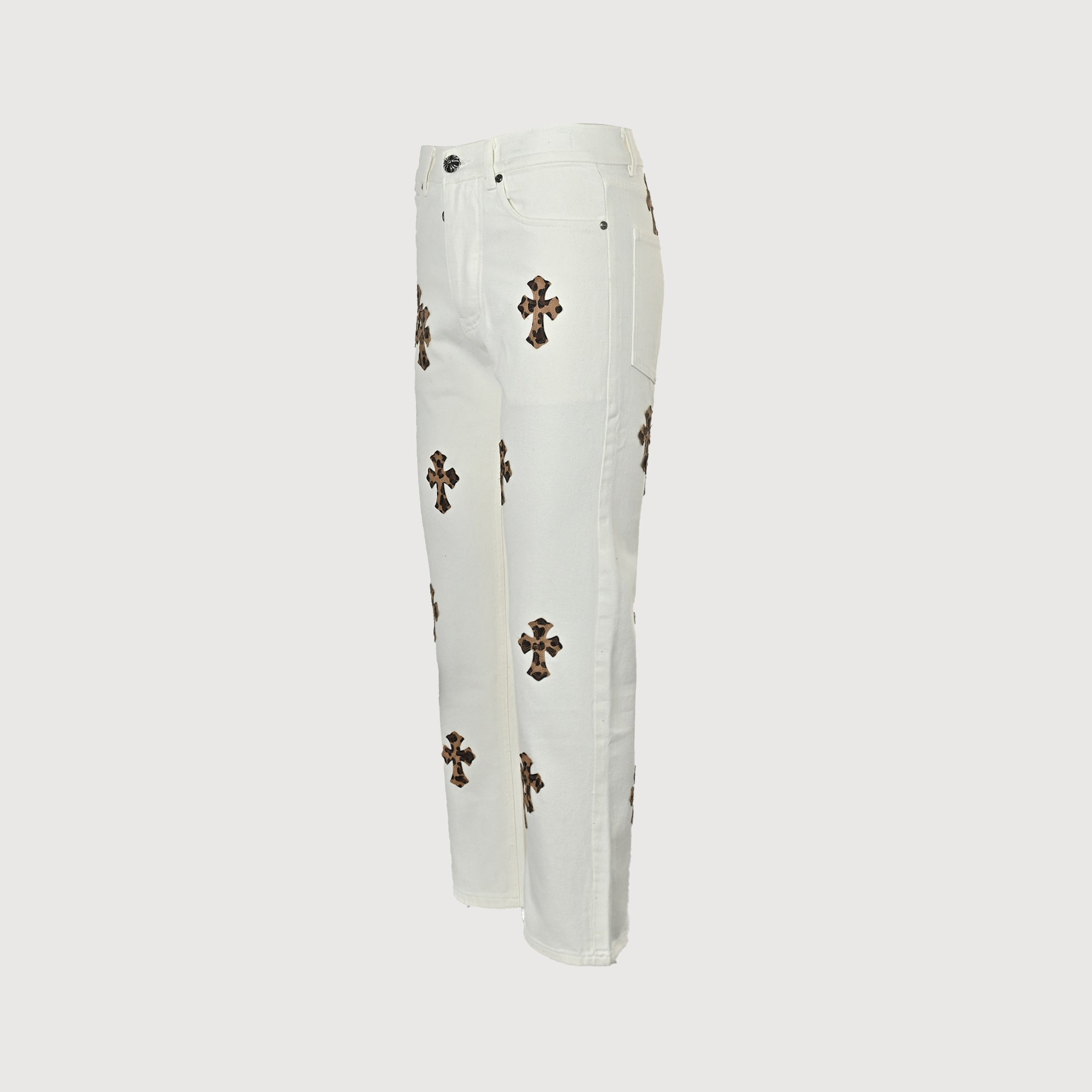 Chrome Hearts Couture Cross Leather Appliqué Washed Denim Jeans –olean Unisex  XM5600824