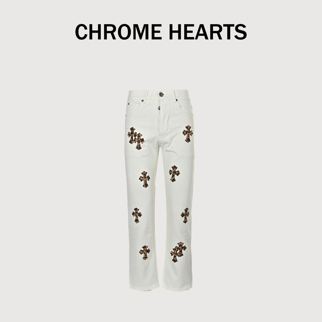 Chrome Hearts Couture Cross Leather Appliqué Washed Denim Jeans –olean Unisex  XM5600824