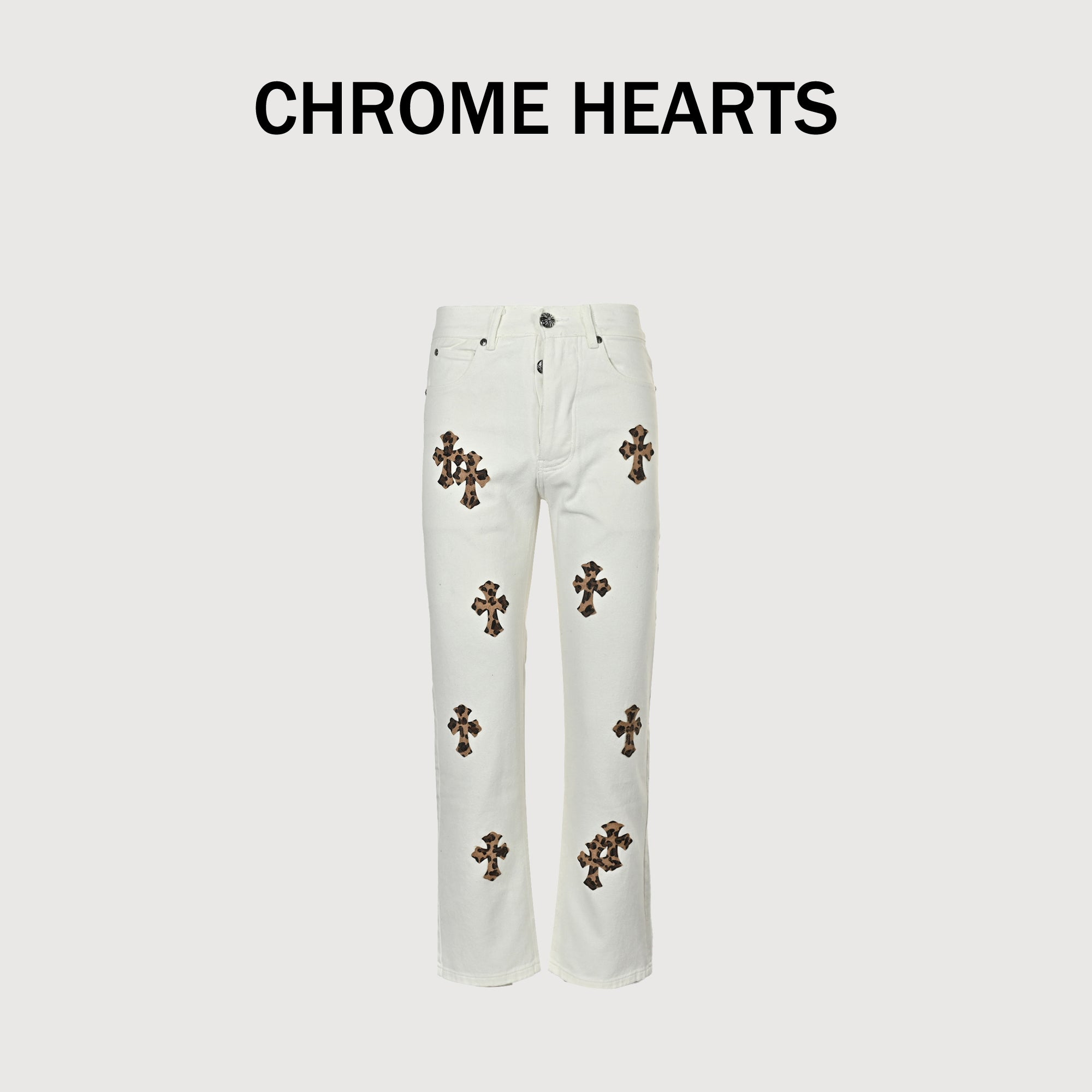 Chrome Hearts Couture Cross Leather Appliqué Washed Denim Jeans –olean Unisex  XM5600824