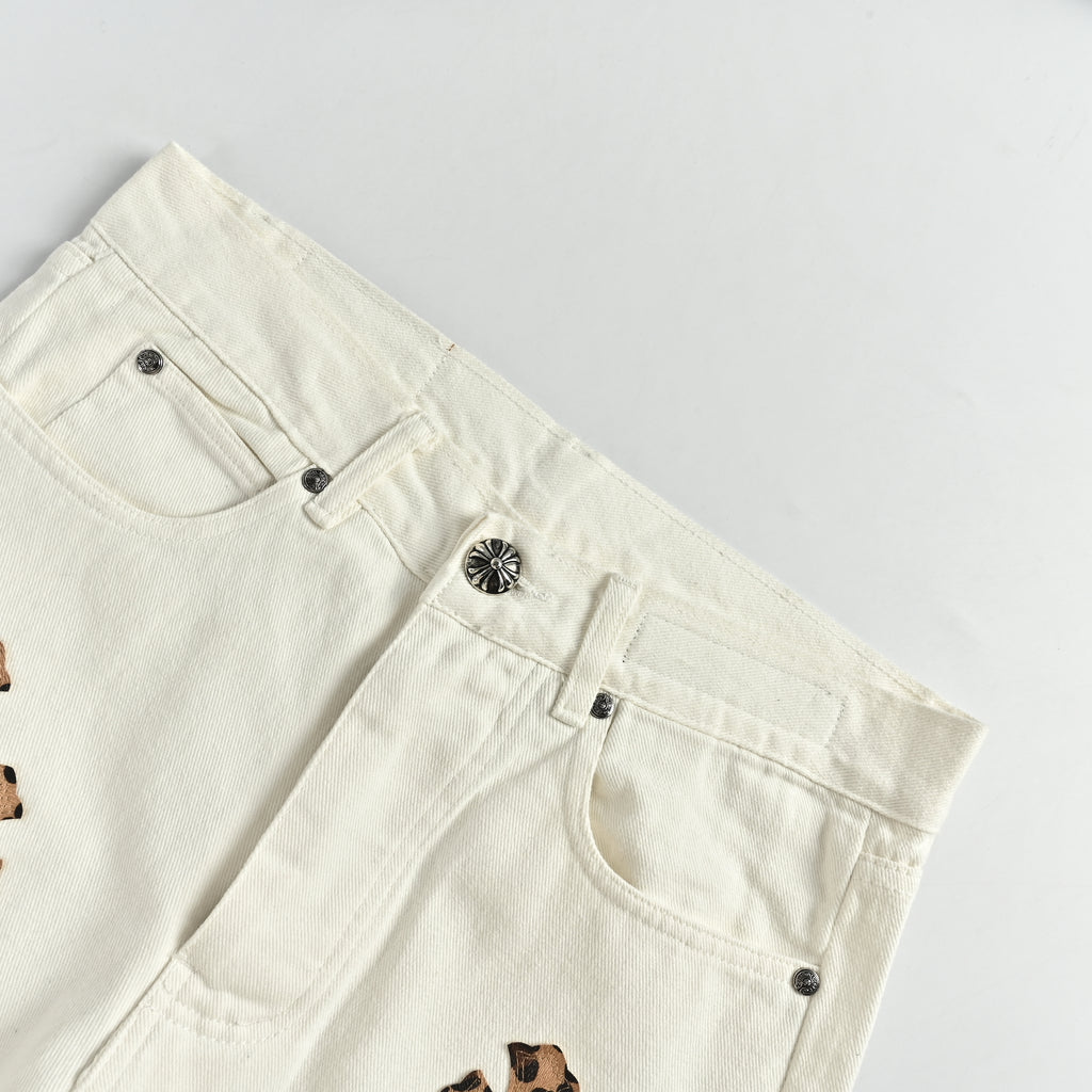 Chrome Hearts Couture Cross Leather Appliqué Washed Denim Jeans –olean Unisex  XM5600824