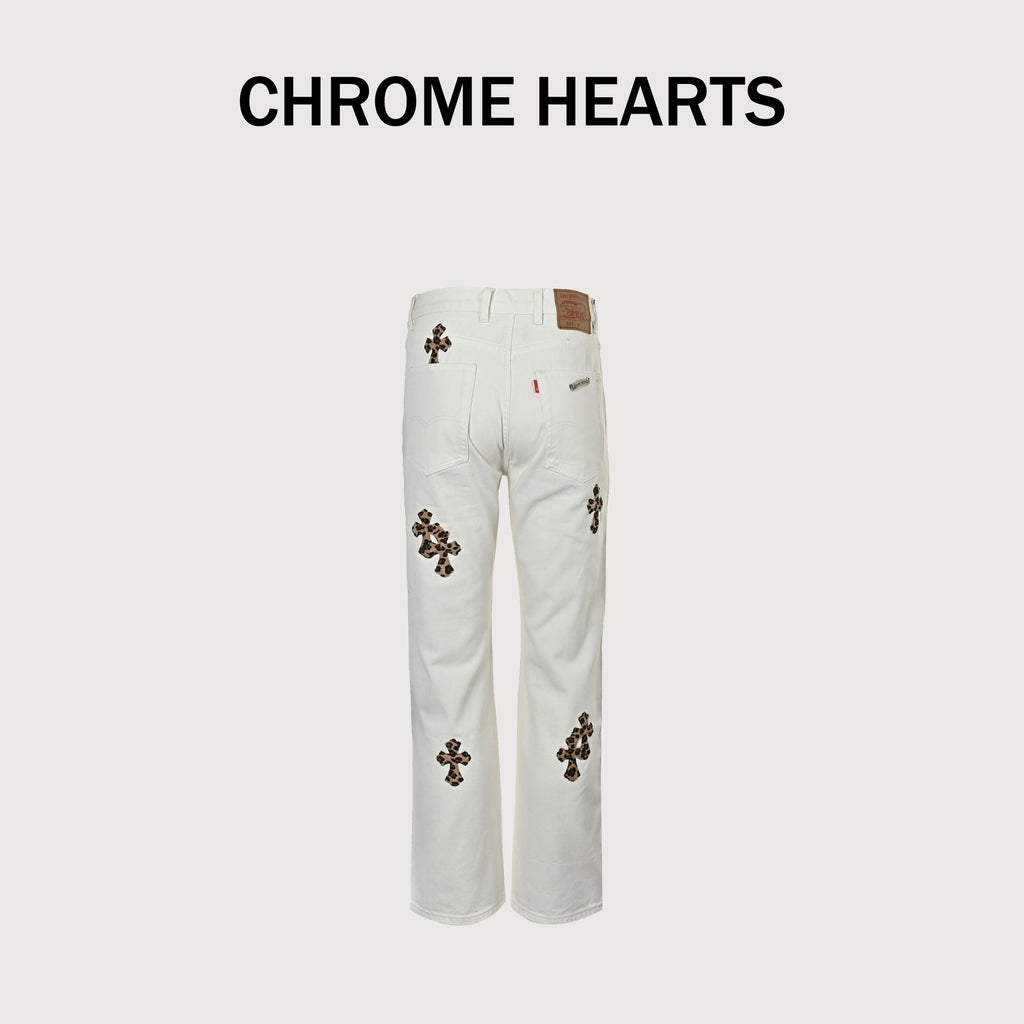 Chrome Hearts Couture Cross Leather Appliqué Graffiti Washed Denim Jeans – Unisex  XM5600824-GRF