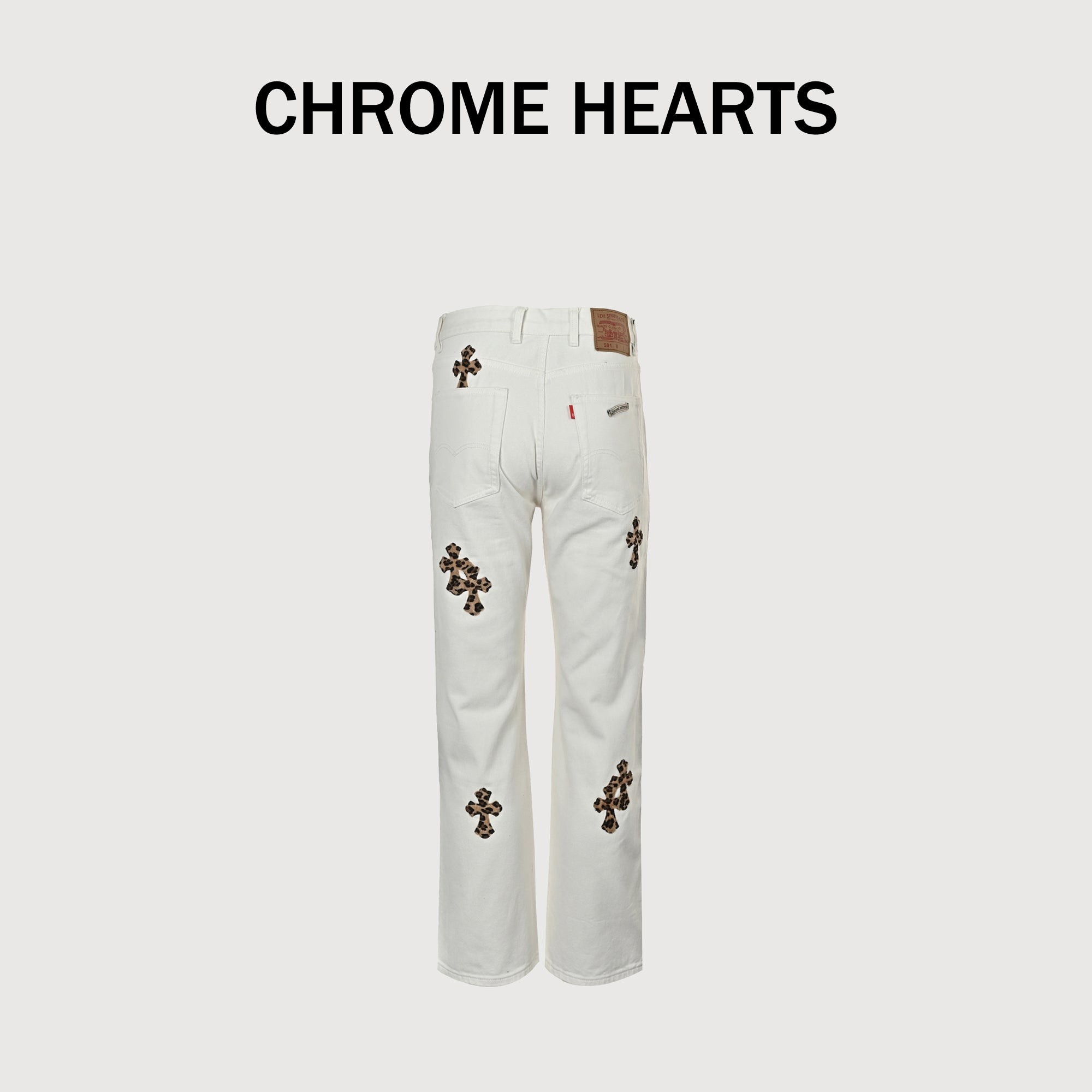 Chrome Hearts Couture Cross Leather Appliqué Graffiti Washed Denim Jeans – Unisex  XM5600824-GRF