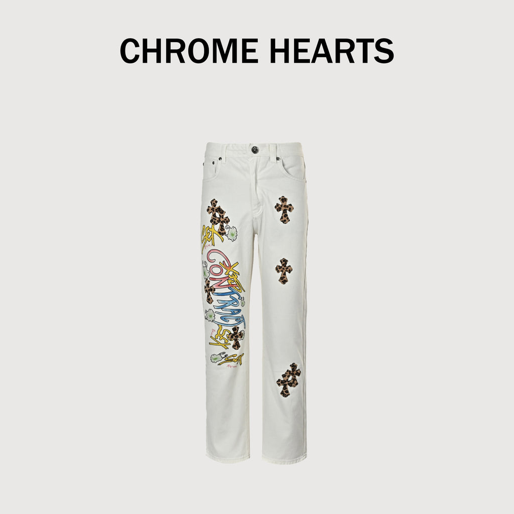 Chrome Hearts Couture Cross Leather Appliqué Graffiti Washed Denim Jeans – Unisex  XM5600824-GRF