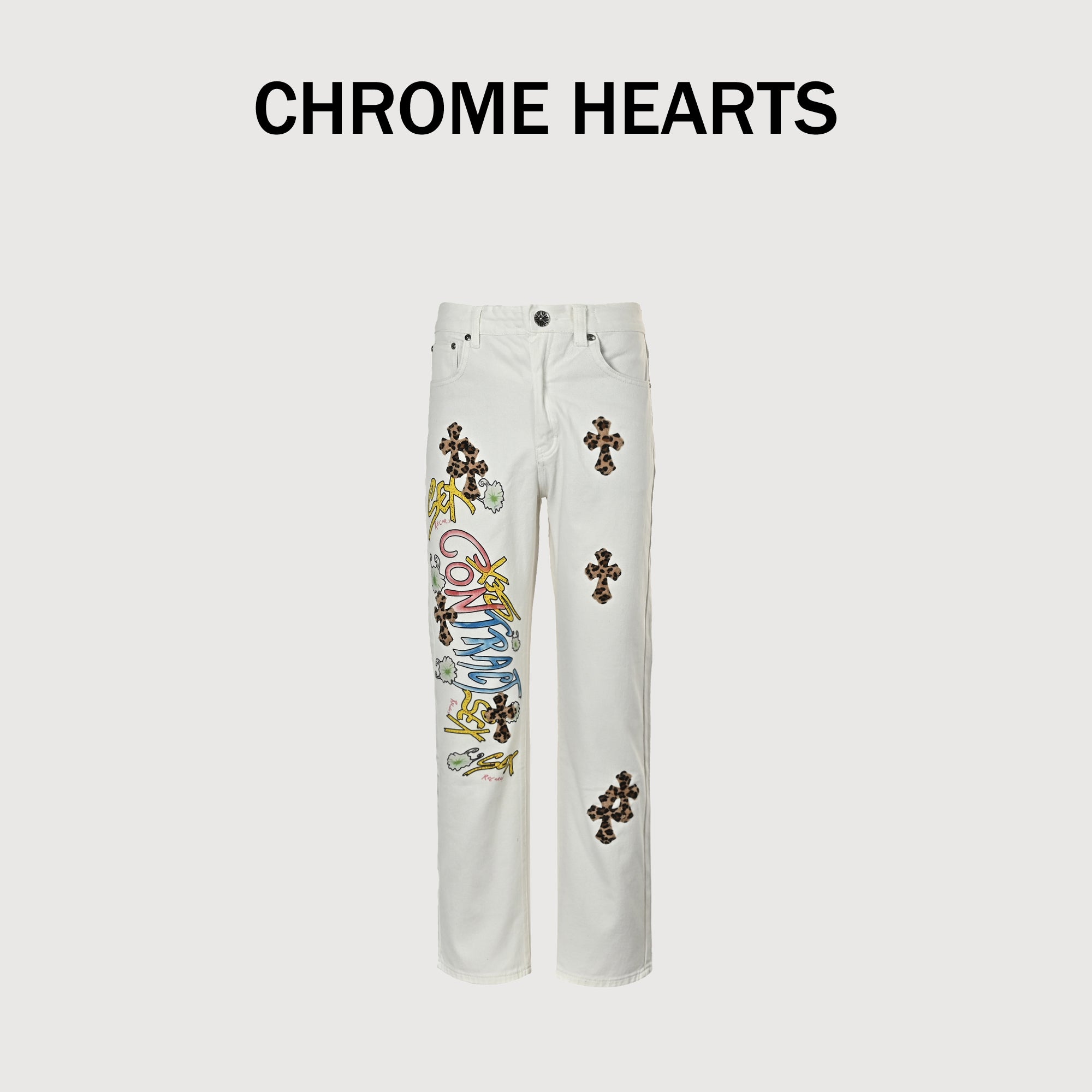 Chrome Hearts Couture Cross Leather Appliqué Graffiti Washed Denim Jeans – Unisex  XM5600824-GRF