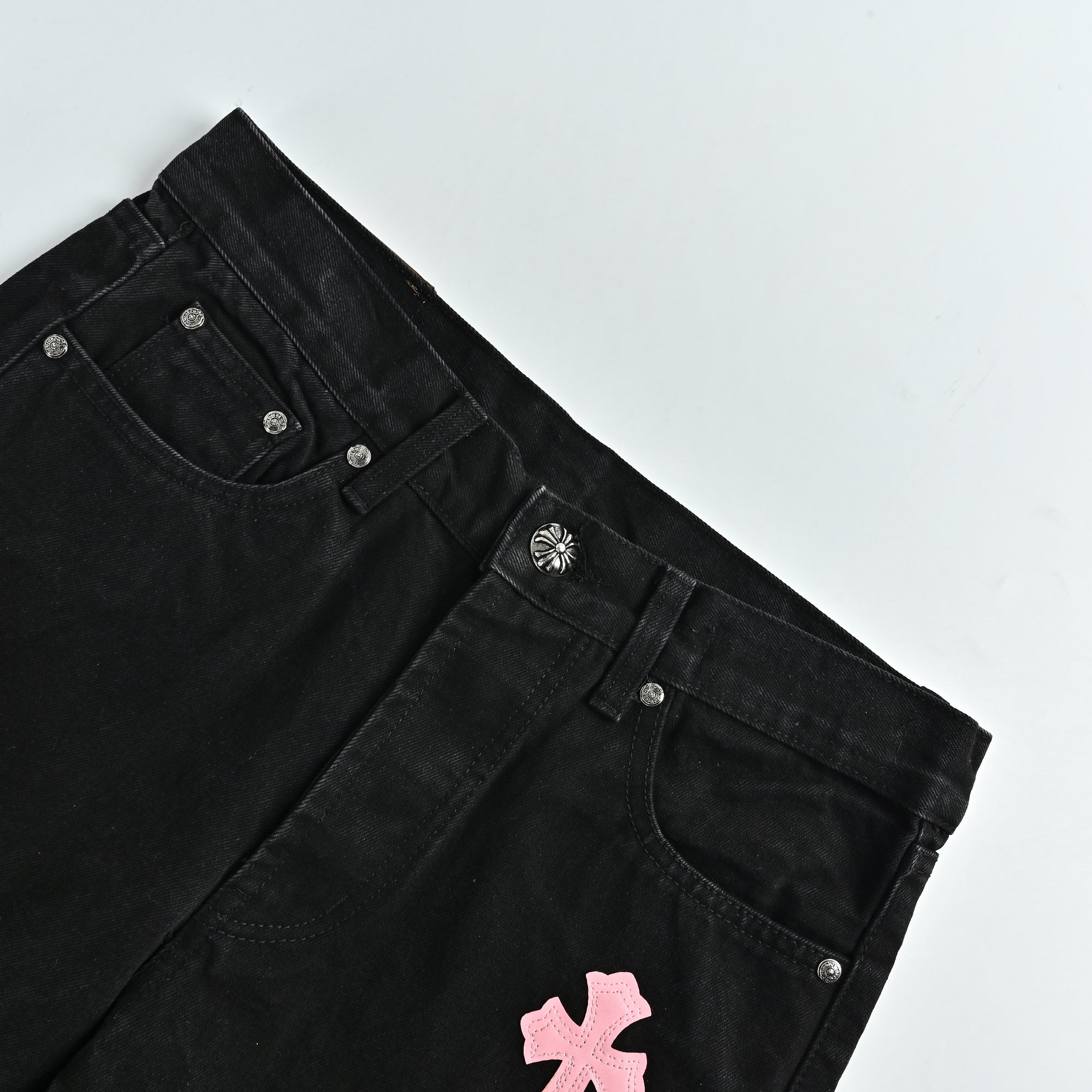Chrome Hearts Couture Cross Patch Embroidered Washed Jeans – Black/Pink Unisex