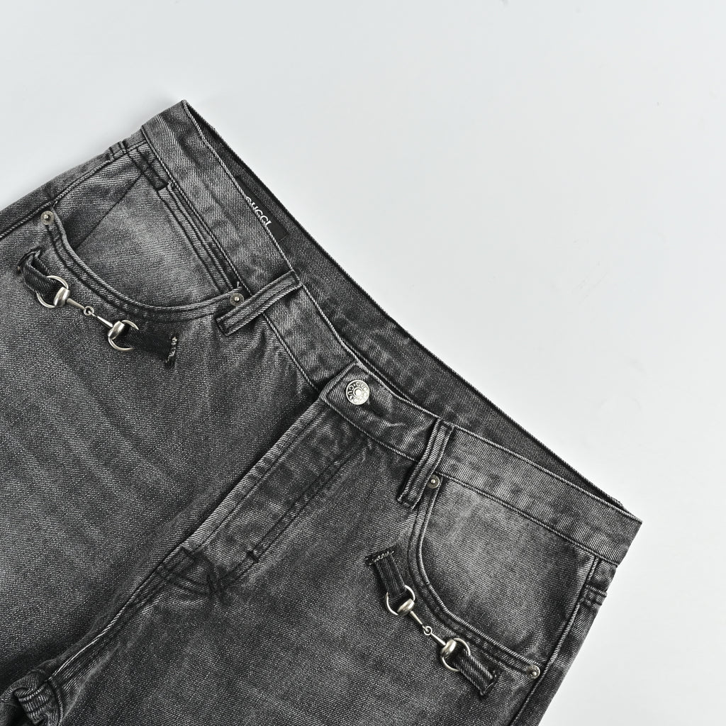 Gucci GUC Nano Lock-Clasp Washed Grey Denim Jeans – Unisex
