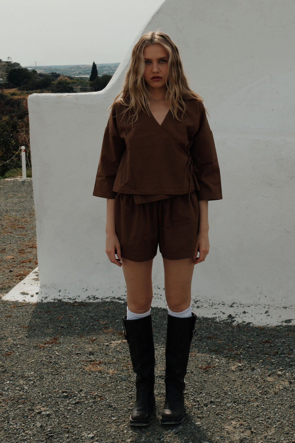 Organic Cotton Wrap Top Toffee