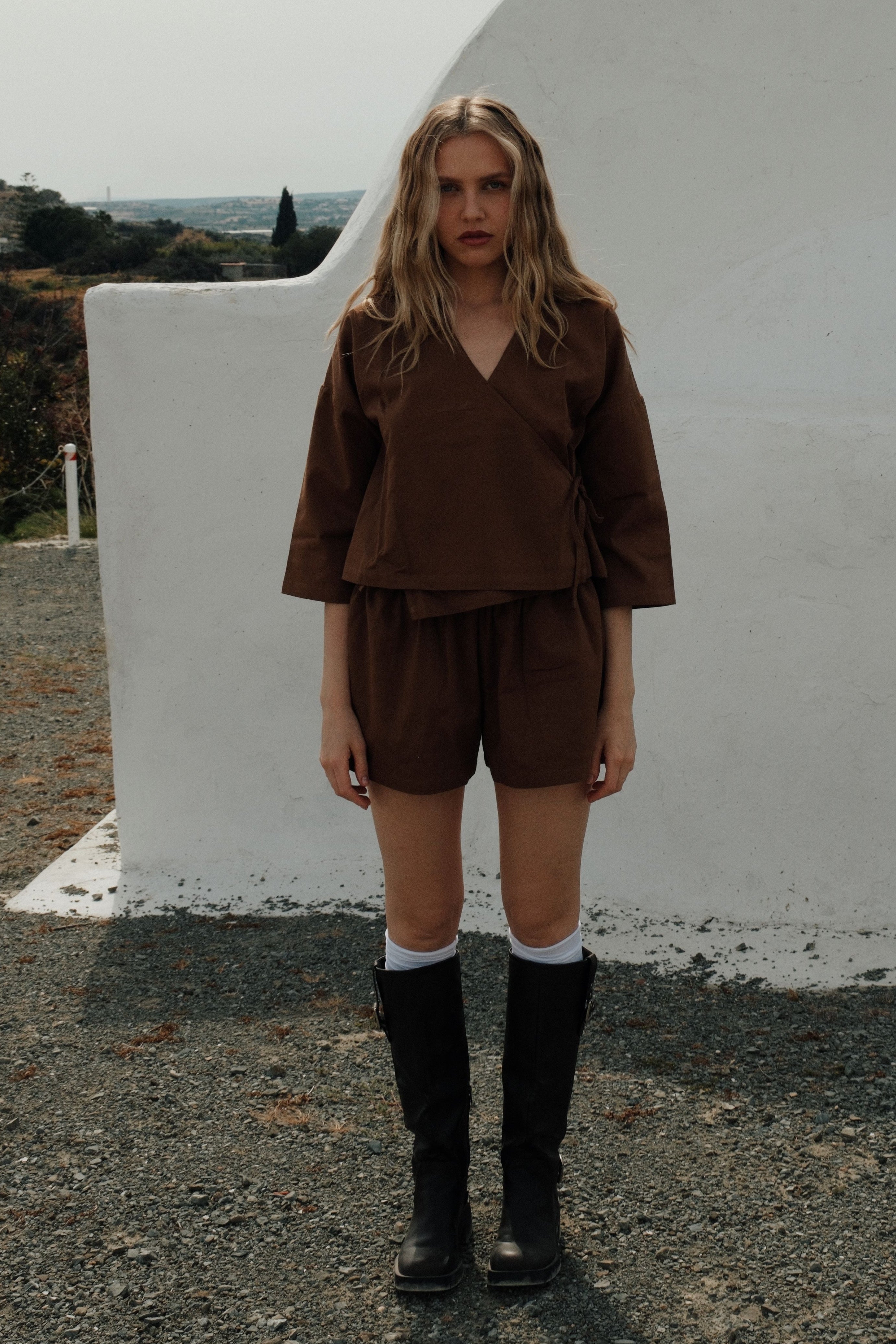 Organic Cotton Wrap Top Toffee