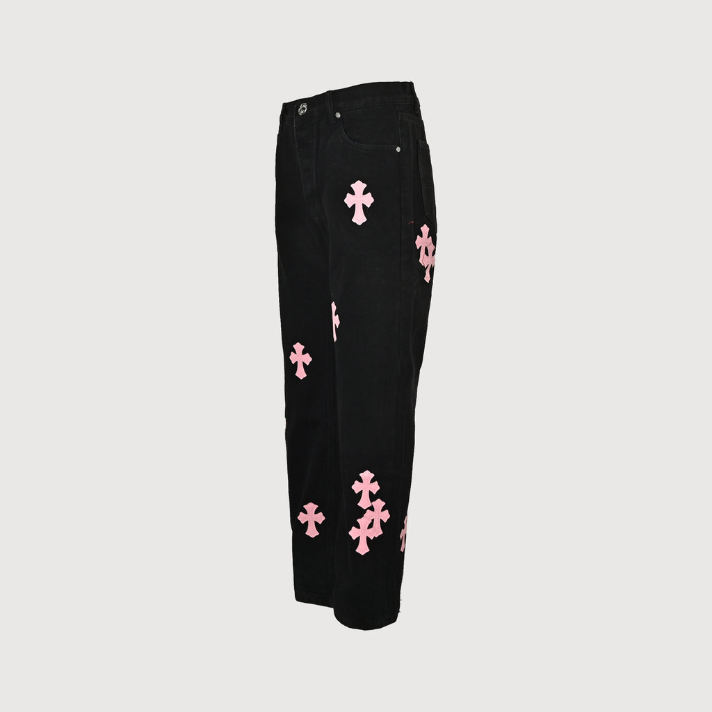 Chrome Hearts Couture Cross Patch Embroidered Washed Jeans – Black/Pink Unisex