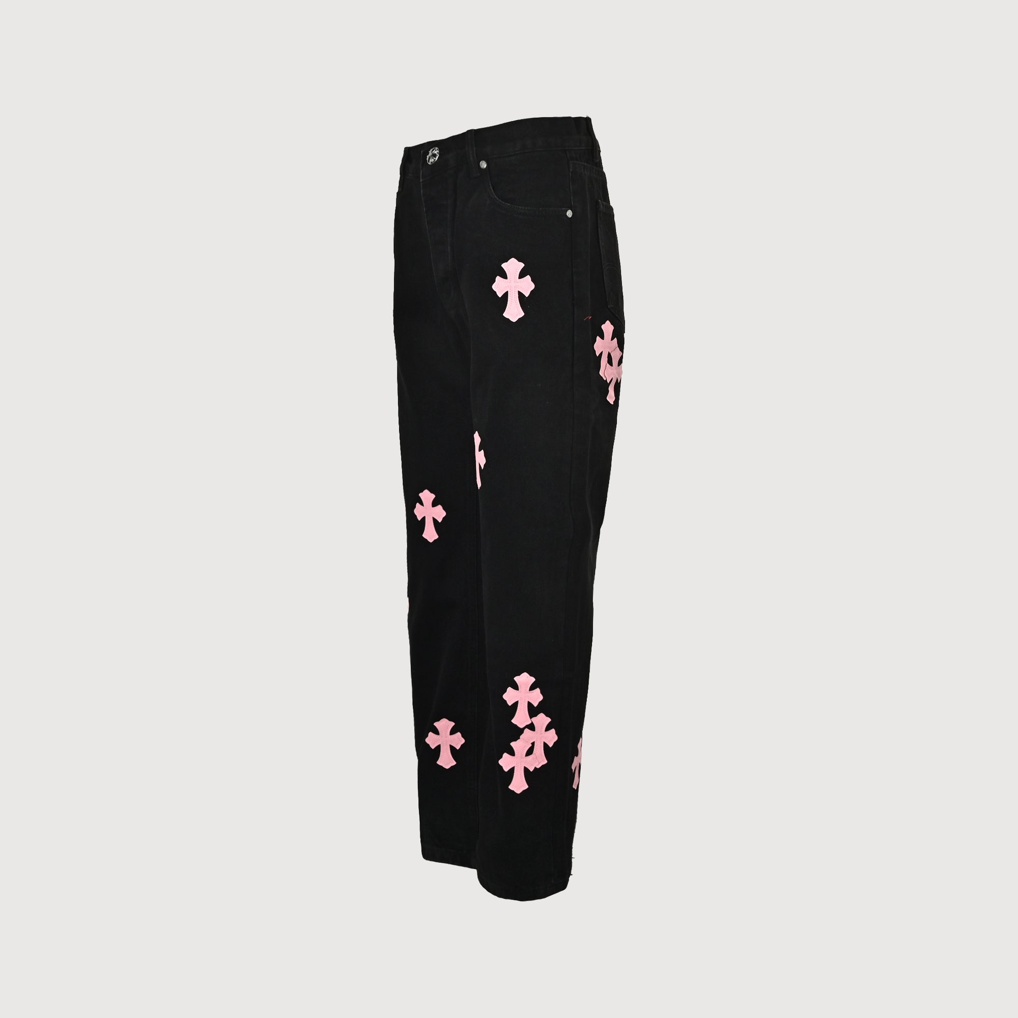 Chrome Hearts Couture Cross Patch Embroidered Washed Jeans – Black/Pink Unisex