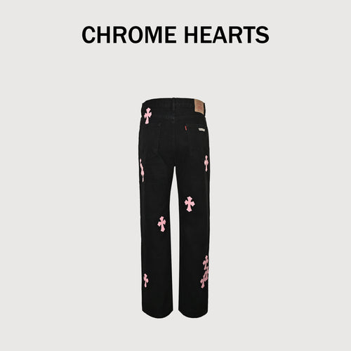 Chrome Hearts Couture Cross Patch Embroidered Washed Jeans – Black/Pink Unisex