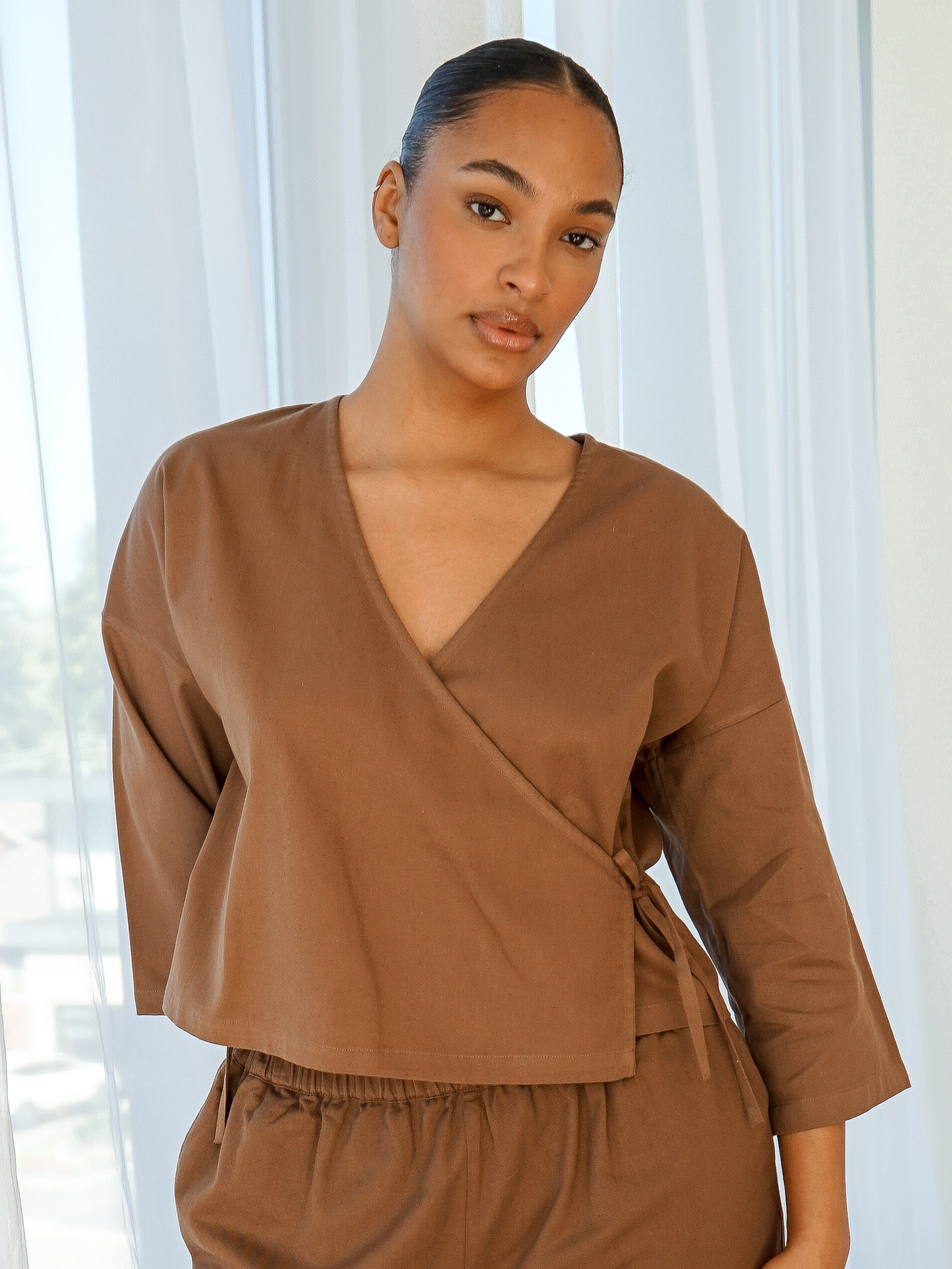 Organic Cotton Wrap Top Toffee